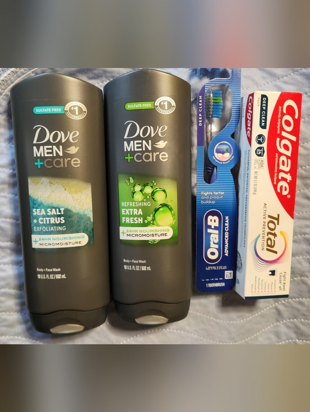 Dove Men+Care Extra Fresh / Sea Salt Body & Face Wash, Colgate, Oral B.